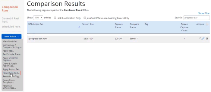 Screenshot of the Comparion Results page kicking off a rerun